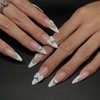French Tip Press on Nails Medium Almond Fake Nails White False Nails with Design Cute Charms Bow Heart Stick on Nails Full Cover Glossy Acrylic Glue on Nails Artificial Nails for Women Manicure 24Pcs