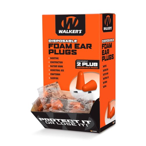 Walker's Foam Ear Plugs 200 Pair Box Counter Display, 32dB NRR Sound Suppressing Soft PU Foam Hearing Protection Range Shooting Hunting Loud Environments Adaptable Earplugs