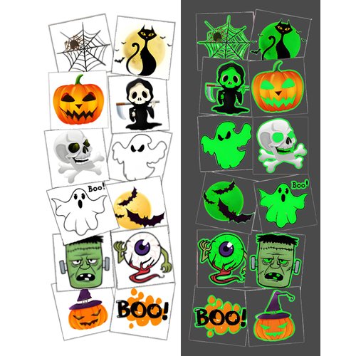 Gibaniza 204 Pack Glow-in-the-Dark Halloween Temporary Tattoos,2 Inch Pre-Cut Tattoo Stickers in 12 Assorted Pumpkin, Skull, Ghost, and Monster Designs for Kids, Adults Halloween Party Favors