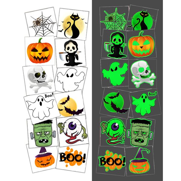 Gibaniza 204 Pack Glow-in-the-Dark Halloween Temporary Tattoos,2 Inch Pre-Cut Tattoo Stickers in 12 Assorted Pumpkin, Skull, Ghost, and Monster Designs for Kids, Adults Halloween Party Favors
