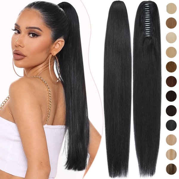 Rich Choices Claw Clip Ponytail Extension Human Hair Real Hair Ponytail Extension Balayage Jet Black 22 Inch 120g One Piece Clip In Long Ponytail Hair Extensions Straight For Women #1