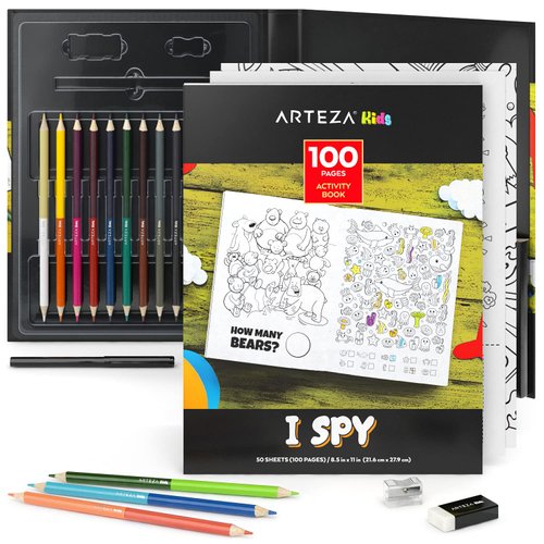 Arteza Kids Activity Book, I Spy Coloring Book, 8.5 x 11 Inches, School Supplies for Ages 6 and Up, 50 Sheets, 12 Double-Ended Colored Pencils, Black Marker, Eraser, Pencil Sharpener