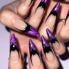 TBRZTR Halloween Press on Nails Almond Medium Nails Purple French False Nails Bat Design Halloween Nail Artificial Acrylic Nails Full Cover Reusable Coffin Nails Halloween Glue on Nails for Women