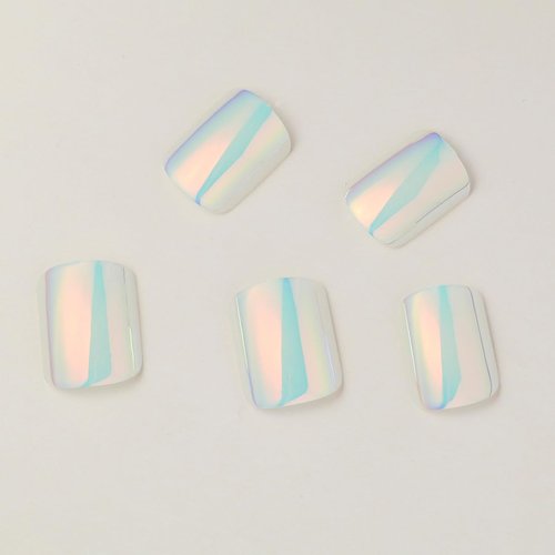 White Press on Nails Short Square Fake Nails Aurora Chrome False Nails with Designs Solid Mirror Pearl White Flash Acrylic Nails Glue on Nails Full Cover Stick on Nails for Women 24 Pcs