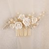 Soulshow New Handmade Ceramic Flower Wedding Hair Accessories Pearl Gold Alloy Leaf Wedding Hair Comb Bridal Hair Accessories Classical Wedding Headpiece for Bride