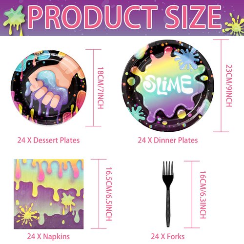 96Pcs Slime Making Party Supplies Slime Birthday Plates Napkins Forks Tableware Set Slime Party Decorations for Boys Girls Glitter Slime Splatter Splash Colorful Theme Birthday Party, Serves 24