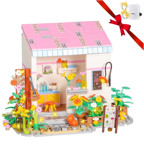 PinkBee Friends Flowers House Building Block Sets, Girls Mini Art Greenhouse Annie’s Studio Apartment with Lights Dreamhouse Bricks Kits Christmas Xmas Birthday Gifts for Adults Kids 8-12 6-12 7-9