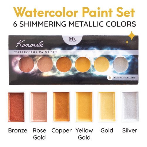 Komorebi Metallic Watercolor Paint Set – Set of 6 Shimmery Premium Colors – Portable and Lightweight – Perfect for Artists, Students, Kids & Hobbyists 6 pack