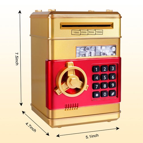 GuDoQi Piggy Bank, Electronic Money Bank, Safe Mini ATM Cash Coin Can, Auto Scroll Paper Money Saving Box, Great Birthday for Kids, Gold