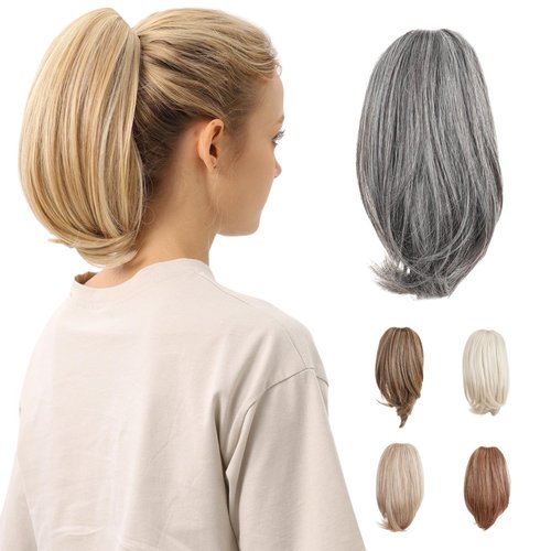 JUVABUN 10" Straight Claw Clip In Ponytail Hair Extensions -Salt and Pepper| Synthetic Ponytail Extension | Hair Extensions for Women & Men | Washable, Realistic And Synthetic | Salt and Pepper