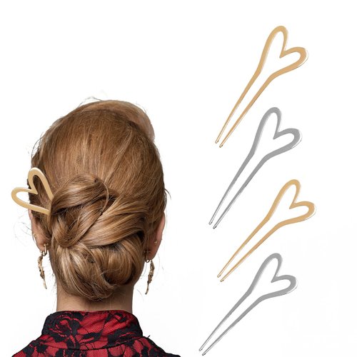 Framendino, 4 Pack U Shaped Hair Pins Metal Heart Hairpins Heart French Pin Hair Fork Sticks for Long Hair Stick Hair Accessories