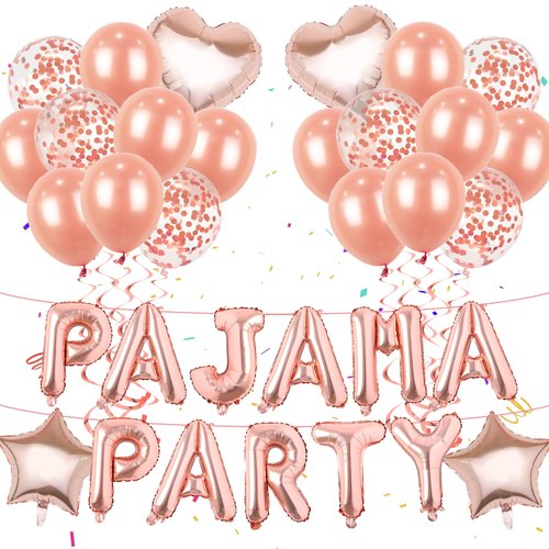 Sleepover Slumber Party Decorations Girls - Rose Gold PAJAMA Party Balloons Pennant Banner Confetti Balloons Set, Girls Night Slumber Theme Birthday Party Supplies