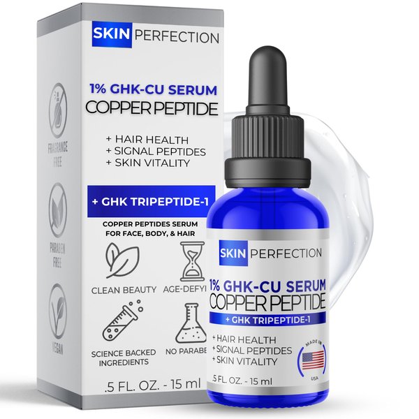 Skin Perfection GHK-CU Copper Peptides Serum for Face & Hair - Copper Peptide for Skin, Hair & Scalp - 1% Blue Liquid for Face, Neck, Body, and Scalp – Multi-Use Serum Booster with Dropper 0.5 fl oz