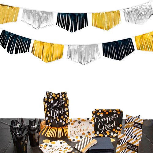 Black Silver Gold Tassel Banner Double Sided Metallic Fabric Pennant Bunting Flag Garland for Graduation Birthday Anniversary Bachelorette Engagement Wedding Bridal Shower Party Decorations Supplies