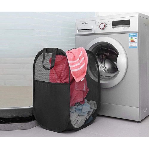 BENJUNC 2 laundry baskets, pop-up laundry baskets, foldable mesh laundry baskets (each with 2 reinforced handles), black + blue…