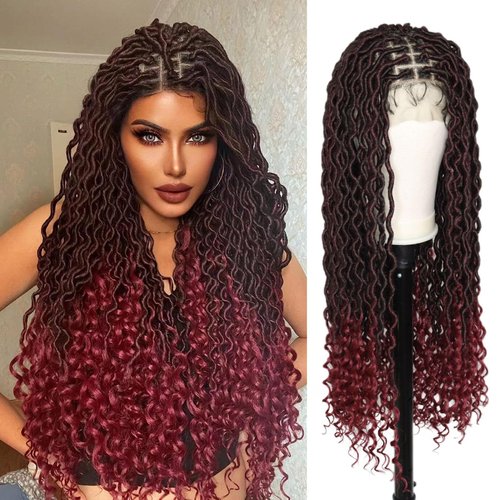 Ebingoo 34&#39;&#39; Braided Wigs for Black Women Lace Front + Wig Cap Front Goddess Locs Wig Dreadlock W...