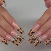 Long Press on Nails Square,Leopard Print French Tips Fake Nails Full Cover Stick on Nails with Sparkly Rhinestones Design Glossy False Nails 3D Nail Charms Long French Nails Kit for Women Girls-24 Pcs