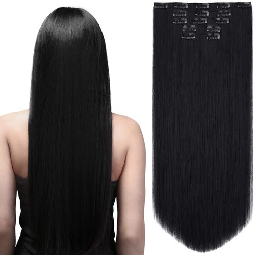 HSPJHTM Black Hair Extensions Clip in Hair Extension for Women Halloween 22" Hair Extentions Synthetic 5PCS Long Straight Natural Thick Hair Pieces for Girls Full Head Jet Black