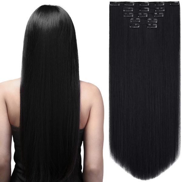 HSPJHTM Black Hair Extensions Clip in Hair Extension for Women Halloween 22" Hair Extentions Synthetic 5PCS Long Straight Natural Thick Hair Pieces for Girls Full Head Jet Black