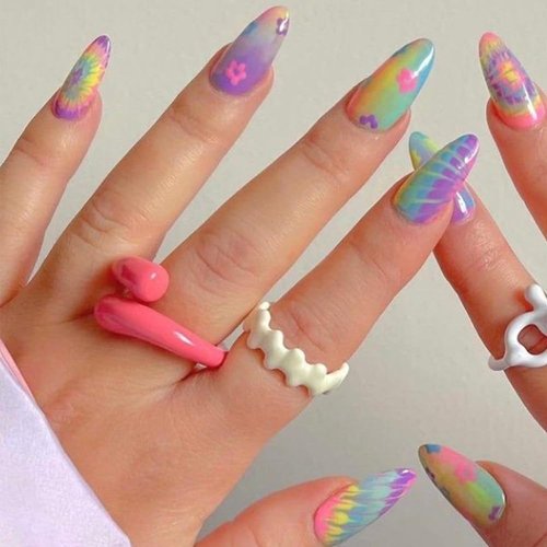GLAMERMAID Ombre Press on Nails Medium Almond, Tie Dye Fake Nails Short Stiletto, Summer Color Short Oval Stick Glue on Nails Gel, Reusable Acrylic False Nail Tips with Colorful Flower for Women Girl