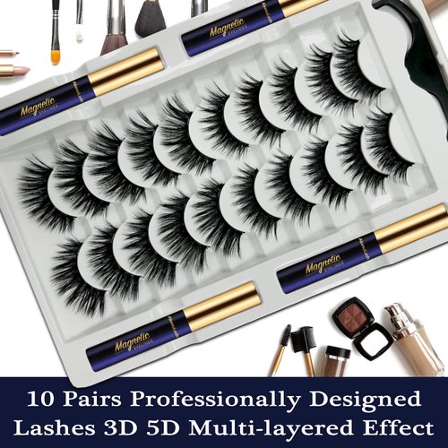 AkesuLash Magnetic Eyelashes with Eyeliner Kit- 10 Pairs 3D Cat-eye Magnetic Lashes Kit with Applicator,Updated 4 Tubes of Magnetic Liner & Natural Look, Reusable, Easy to Apply