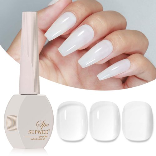 SUPWEE Milky White Jelly Gel Nail Polish, 15ml Transparent Nude Jelly Nail Polish Glass Neutral S...