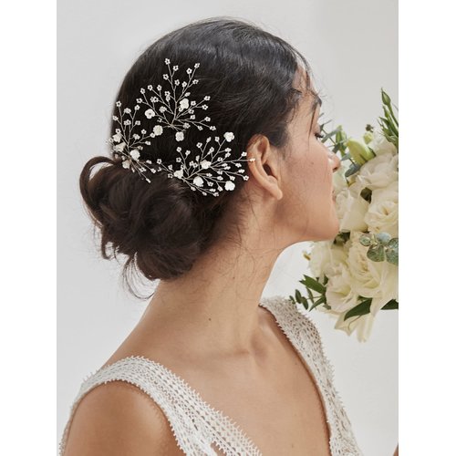 SWEETV Flower Beaded Wedding Hair Pins Rhinestone Bridal Hair Accessories decorative for Brides and Bridesmaid(Pack of 3), Silver