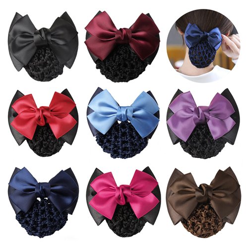TXIN 8 Pieces Women Hair Snood Net Bowknot Decor Barrette Elastic Mesh Hair Bun Cover Satin Bow Crochet Hairnet Professional Hair Clip Hairpin for Women Girls Working Styling Accessories, 8 Colors