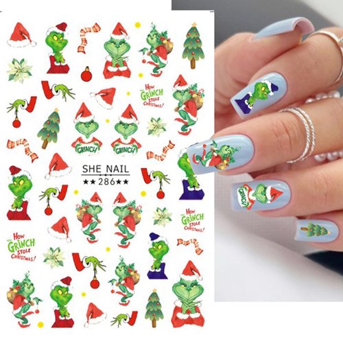 6 Sheets Christmas Green Nail Stickers for Nail Art - SHANRUN Cute Cartoon 3D Nail Art Stickers Self-Adhesive Sliders Nail Decals Supplies for Xmas Nail Tips DIY Press on Nails Decoration Accessories