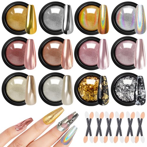 Gold Silver Chrome Nail Powder, 12 Colors Iridescent Holographic Unicorn Chrome Powder for Nails, Metallic Mirror Effect Rose Gold Champagne Nail Chrome Powder Pigment Glitter Foils Flakes Nail Art