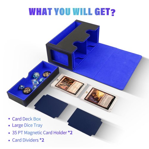 UAONO MTG Deck Box with 2 Commander Display and Dice Tray-Patented Design, Double Deck Box for 250+ Single Sleeved Cards, Leather Magnetic Card Storage Box Fits for TCG CCG Magic Cards (Black&Blue)