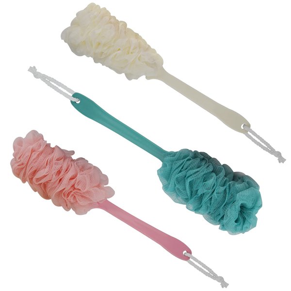 Back Brush Long Handle for Shower, Loofah Back Scrubber with Soft Mesh for Body, Shower Brush with Lanyard for Men and Women, Exfoliating Body Scrubber (Blue, Pink, White)… (3Pack)