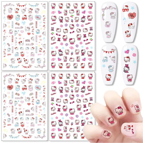 Cute Nail Art Stickers Decals Cartoon Nail Decals 3D Self Adhesive Nail Art Supplies Cute Cat Nail Stickers for Women Girls Cute Cartoon Nail Decoration Charms 4 Sheets Designer Nail Stickers