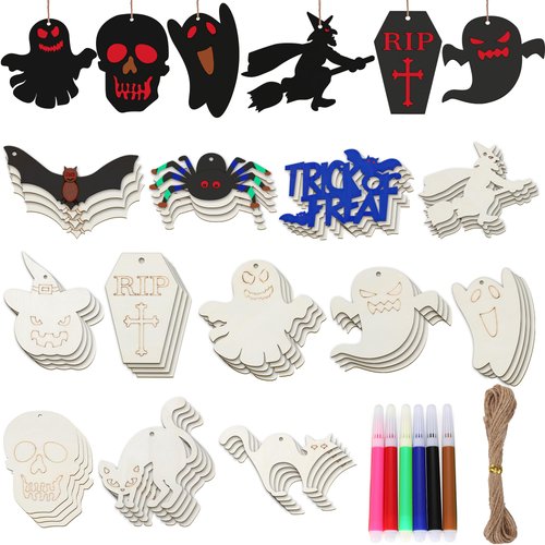 HooAMI 60Pcs Halloween Wooden Slices DIY Arts & Crafts Kit Blank Ornaments Wooden Gift Tags Wood Hanging Decorations Cutouts Crafts Kit for Halloween Crafts Party Favor Supplies