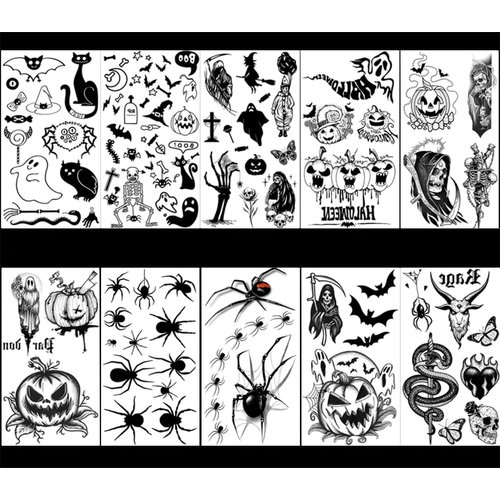 10 Sheets Halloween Temporary Tattoos for Women Men, Horror Black Skull Ghost Spider 3D Fake Tattoos Sticker for Boys Girls Day of The Dead Tattoos Decals Accessories for dia de los muertos Party
