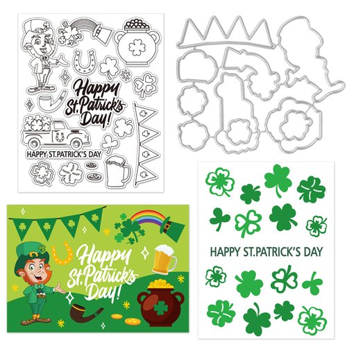 JarThenaAMCS Happy St. Patrick's Day Clear Stamps Dies Set Elf Hat Banner Silicone Transparent Stamps Shamrock Shaped Cutting Die for DIY Crafts Card Making Scrapbooking Embossing Album Decor