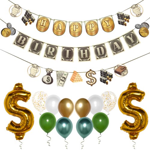 Pirese Money Happy Birthday Banner, Money Birthday Decorations, Money Party Decorations