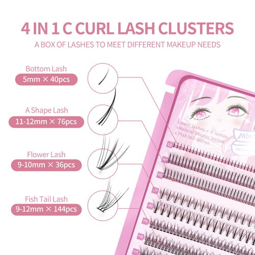 MLEN DIARY Clusters Fox Eye Lash Clusters Wispy Cat Eye Lashes Individual Lash Extensions with Bottom Lashes 4D C D Curl Manga Eyelash Extension Kit Natural Look False Lashes (4 in 1-296pcs)