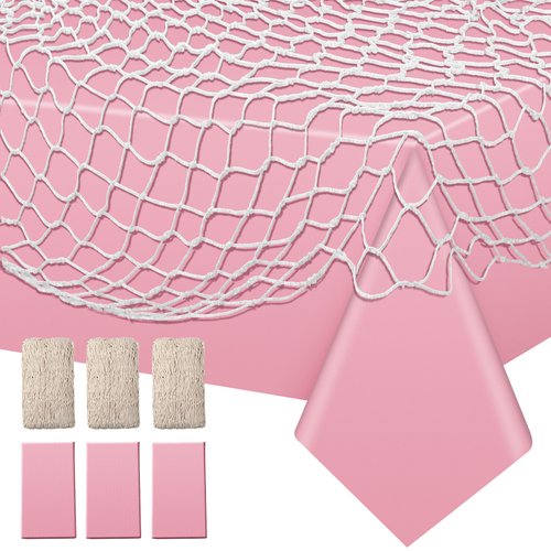 Unittype 6 Pack Fish Net Decorative and Tablecloth Set, Cotton Fishnet and Plastic Table Cover Decorations Set for Nautical Themed Party Baby Shower Pirate Decorations Mermaid Party Supply (Pink)