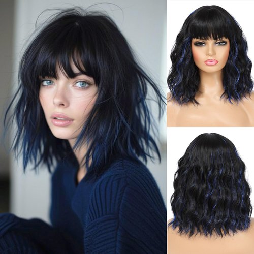 Amarlis 14 Inch Black Mixed Blue Curly Bob Wig with Bangs for Women, Natural Looking Heat Resistant Synthetic Fiber Wavy Bob Wigs for Daily Party Use