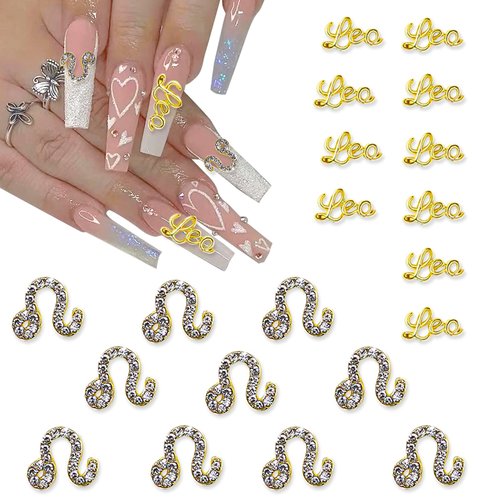 XEAOHESY 20 Pieces Gold Alloy Leo Zodiac Nail Charms 10pcs Leo Symbols Sign Charms for Nails 10pcs Leo Words Nail Charms for Women Nail Art Decoration