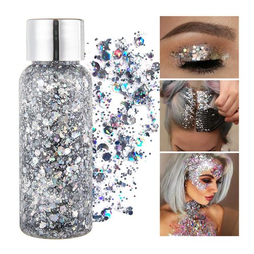 MAEPEOR Chunky Face Body Glitter Gel 19 Colors Mermaid Sequins Holographic Body Glitter Gel Long-Lasting Festival Makeup Glitter Paint for Face Body Hair Nails (30g, #001 Silver)