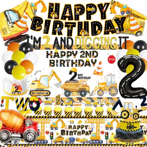 Construction Birthday Party Supplies for 2 Year Old Boy, 2nd Birthday Decorations For Boys, inclu...