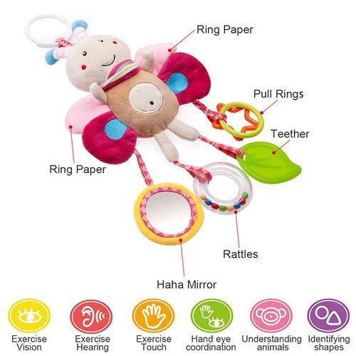 Sealive 4 Piece Baby Stroller Toy Sensory Musical Toys, Soft Rattles Hanging Plush Activity Crib Car Seat Toys for Babies Boy Girl