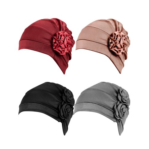 4 Pieces African Head Wrap Flower Turban Hats for Women (Wine Red, Khaki, Black, Grey)