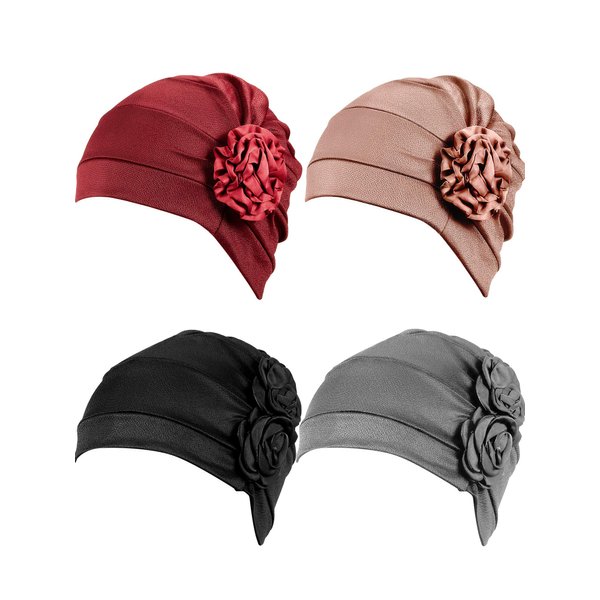 4 Pieces African Head Wrap Flower Turban Hats for Women (Wine Red, Khaki, Black, Grey)