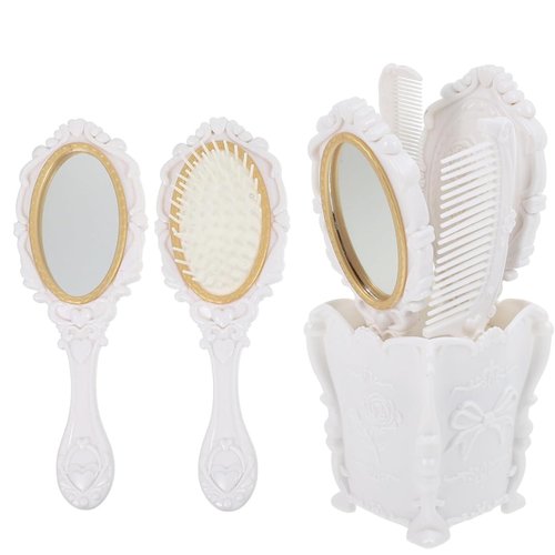 Beavorty 5pcs Vintage Vanity Set with Hand Mirror, Detangling Hair Brush, Rat Tail Comb, and Comb Holder for Makeup (White)