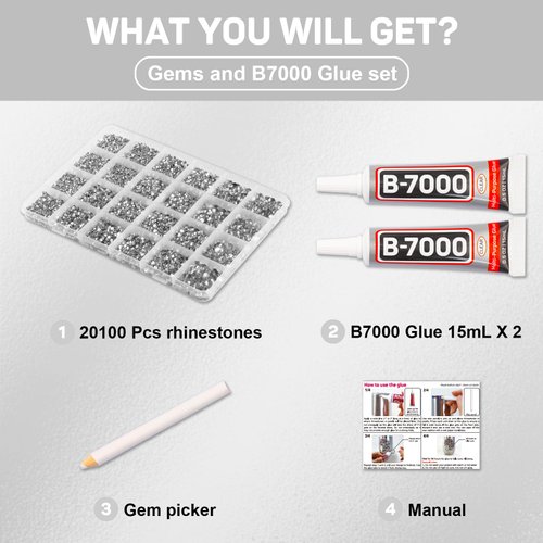 b7000 Clear Glue with 20100Pcs Silver Clear Flatback Rhinestones for Crafts Clothing Clothes Decor Fabric Shoes, Flat Back Gems Diamonds Bedazzler Kit with Rhinestones Bulk Jewels Crystals 2-6mm Mixed