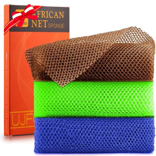 3 Pieces African Bath Sponge African Net Long Net Bath Sponge Exfoliating Shower Body Scrubber Back Scrubber Skin Smoother,Great for Daily Use (Brown、Blue、Green)
