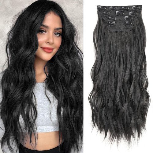 ZRQ Clip in Hair Extensions 4PCS 20 Inch Clip Ins Long Wavy Curly Hair Extension Soft Synthetic Hair Extension Fiber Thick Hairpieces (1B#, 20 Inch)
